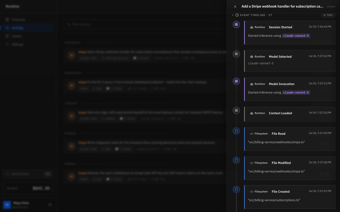 Runtime trace drawer showing a real-time RCP event timeline — session started, model invocation, completion completed, cost recorded, session ended